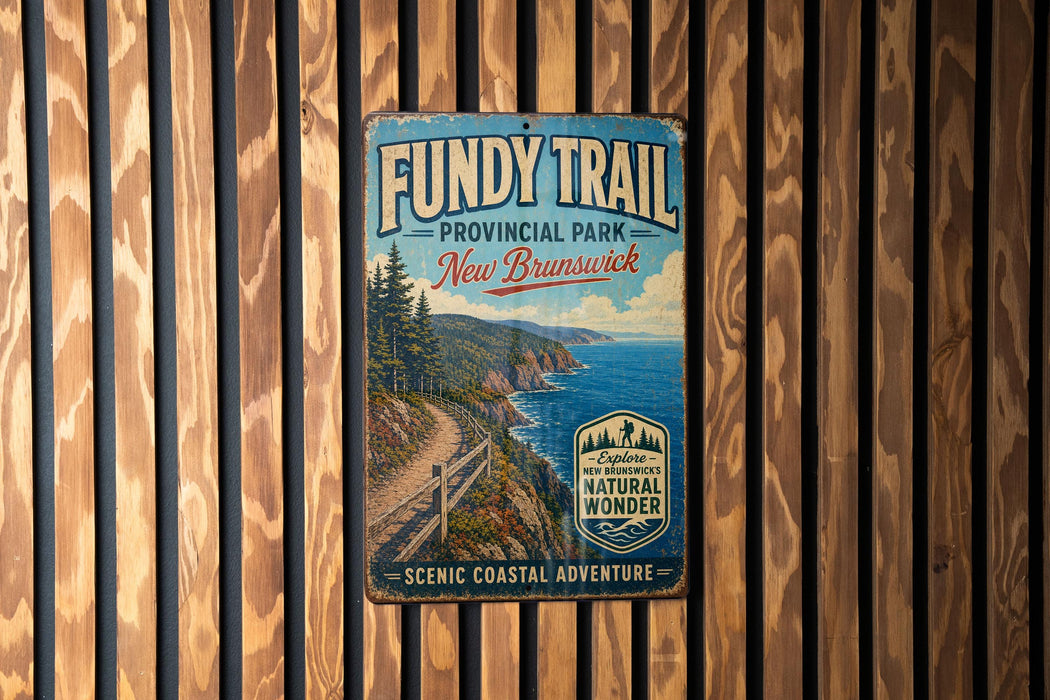 a vintage-style metal sign for the Fundy Trail in New Brunswick, Canada, hanging on a wooden wall.