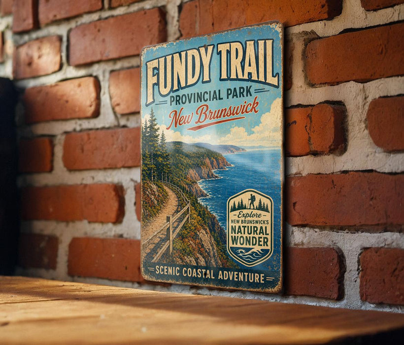 A vintage-style metal sign for Fundy Trail, a coastal trail in New Brunswick, Canada, is displayed against a brick wall.