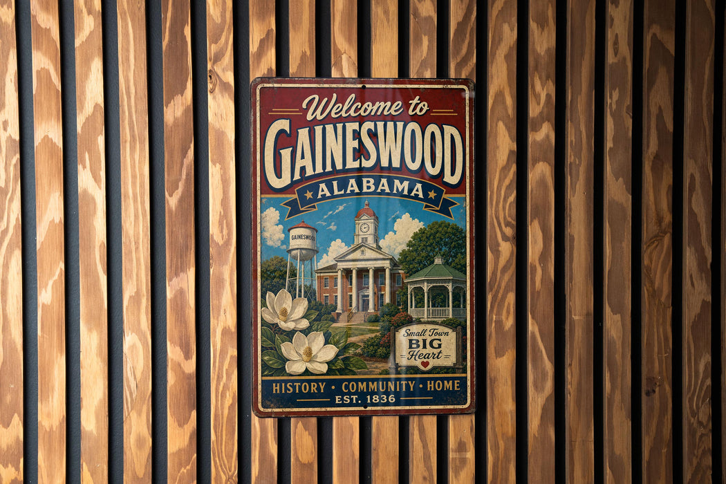 A vintage metal sign welcoming visitors to Gaineswood, Alabama, with a depiction of the town's landmarks and a clock tower.