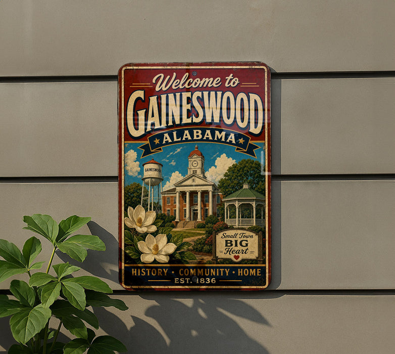 A vintage-style metal sign welcoming visitors to Gaineswood, Alabama, with a depiction of the town's landmarks and a banner that reads "Small Town Big Heart".