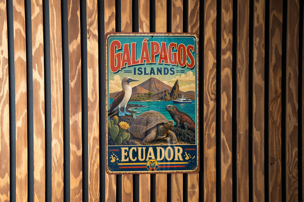 A vintage metal sign with the text "GALAPAGOS ISLANDS ECUADOR" and an illustration of a bird, turtle, and other wildlife, mounted on a wooden wall.