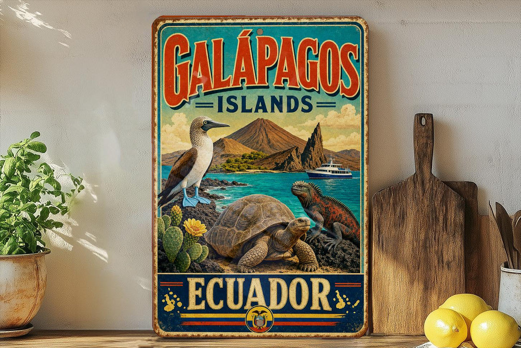 A vintage-style metal sign for Galápagos Islands, Ecuador, featuring illustrations of various animals and landscapes.