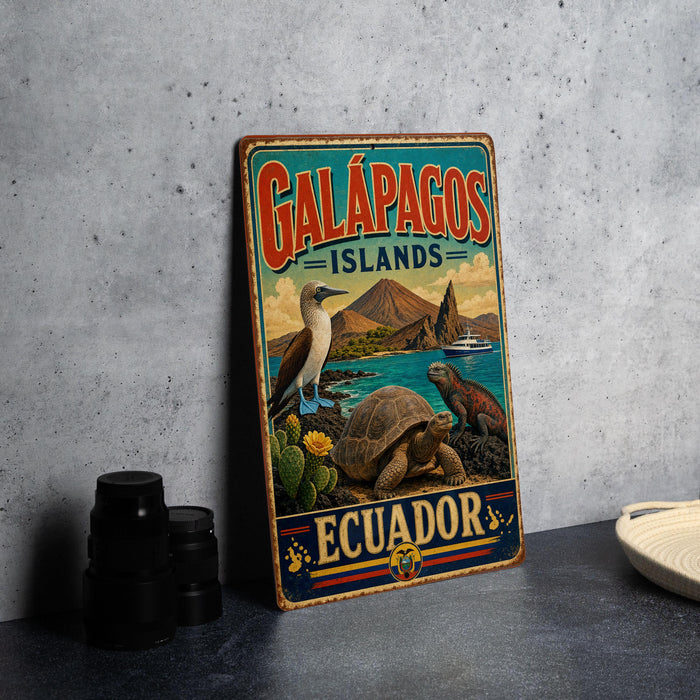 A vintage-style metal sign for Galapagos Islands, Ecuador, featuring illustrations of various animals and landscapes.