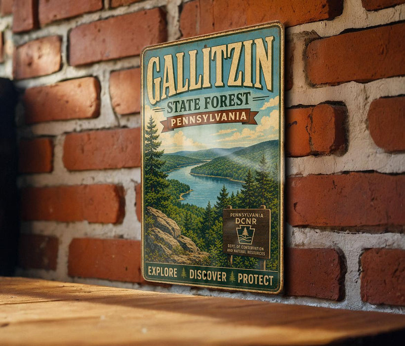 A vintage-style metal sign for Gallitzin State Forest in Pennsylvania, featuring a scenic landscape with a river and pine trees.