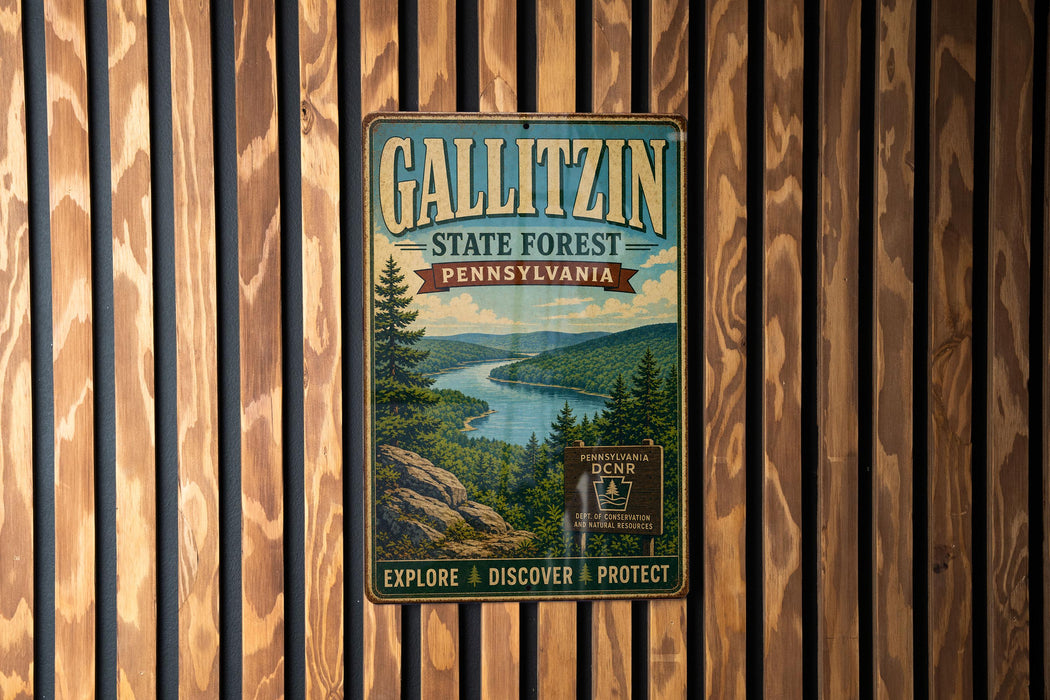 A vintage metal sign for Gallitzin State Forest in Pennsylvania, featuring a scenic landscape with a river and pine trees.