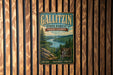 A vintage metal sign for Gallitzin State Forest in Pennsylvania, featuring a scenic landscape with a river and pine trees.