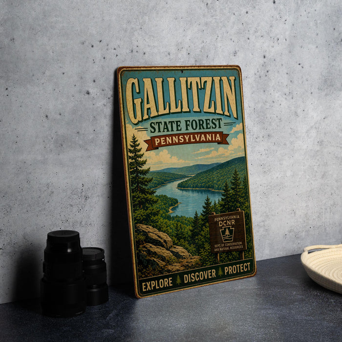 A vintage metal sign for the Gallitzin State Forest in Pennsylvania, featuring a scenic landscape with a river and pine trees.