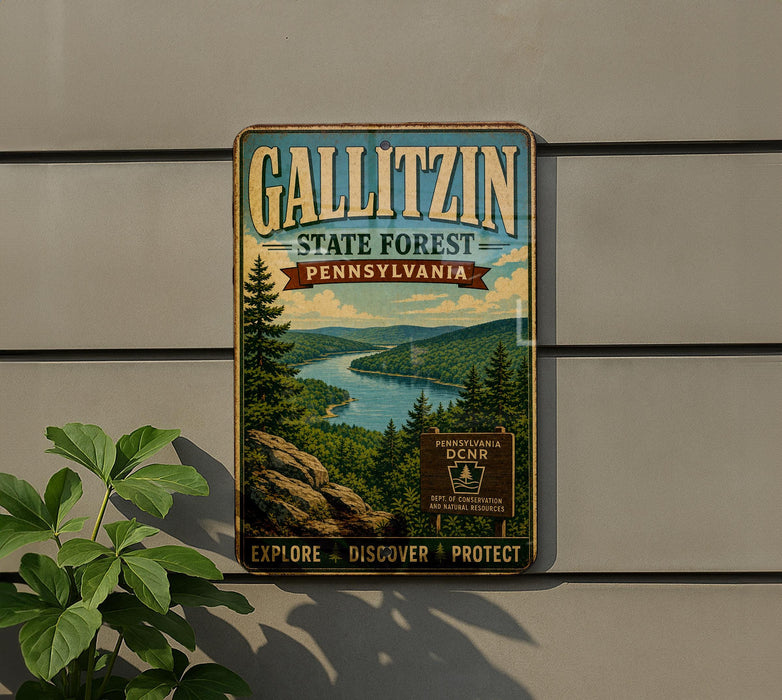 A vintage-style metal sign for Gallitzin State Forest in Pennsylvania, featuring a scenic landscape with a river and pine trees.