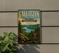 A vintage-style metal sign for Gallitzin State Forest in Pennsylvania, featuring a scenic landscape with a river and pine trees.