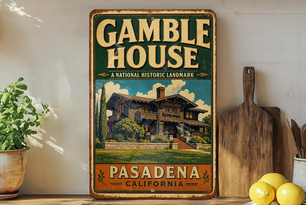A vintage-style sign for the Gamble House, a historic landmark in Pasadena, California.