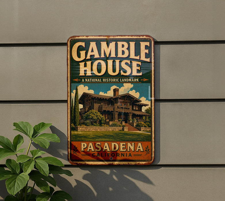 A vintage-style sign for the Gamble House, a historic landmark in Pasadena, California.