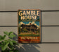 A vintage-style sign for the Gamble House, a historic landmark in Pasadena, California.