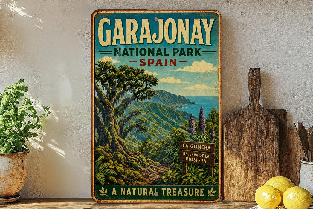 A vintage-style poster of Garajonay National Park in Spain, featuring a lush tropical landscape with a mountain backdrop and a sign indicating the "La Gomera Reserve Biosphere".