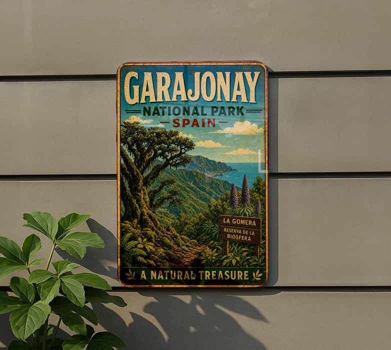 A vintage-style metal sign for the Garajonay National Park in Spain, featuring a lush tropical landscape with a winding path and a mountain backdrop.