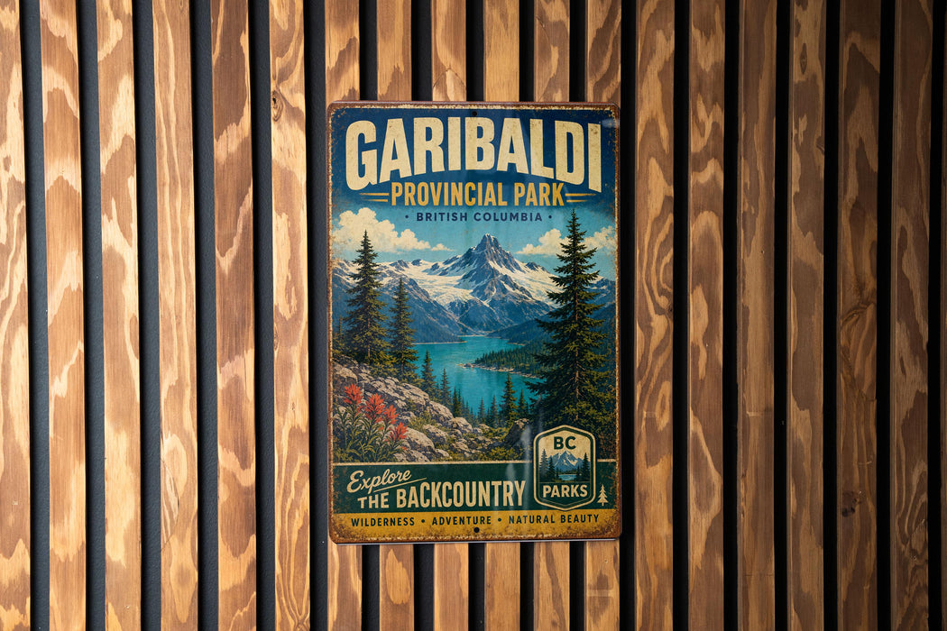 A vintage-style metal sign for Garibaldi Provincial Park in British Columbia, Canada, featuring a scenic mountain landscape with pine trees and a lake.