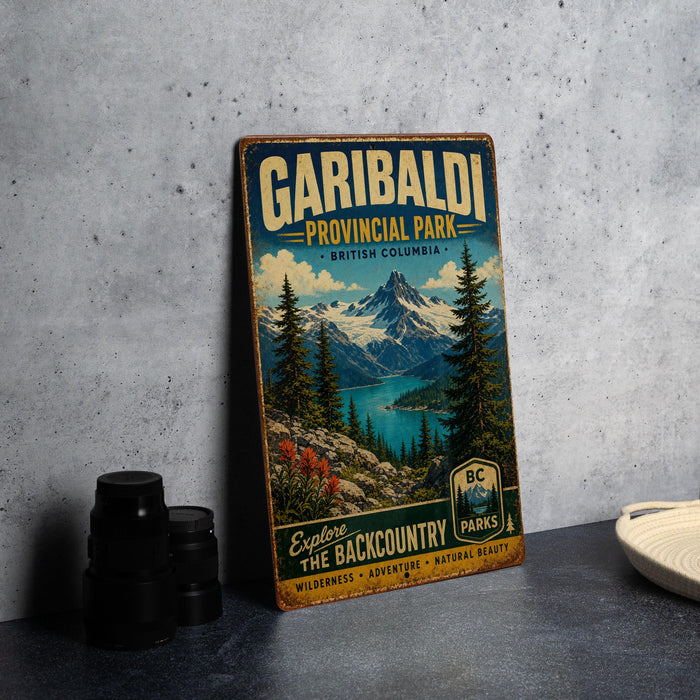 A vintage-style metal sign for Garibaldi Provincial Park in British Columbia, Canada, featuring a scenic mountain landscape with pine trees and a lake.