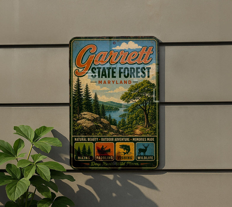 A vintage metal sign for Garrett State Forest in Maryland, featuring a scenic landscape with pine trees, a lake, and mountains.