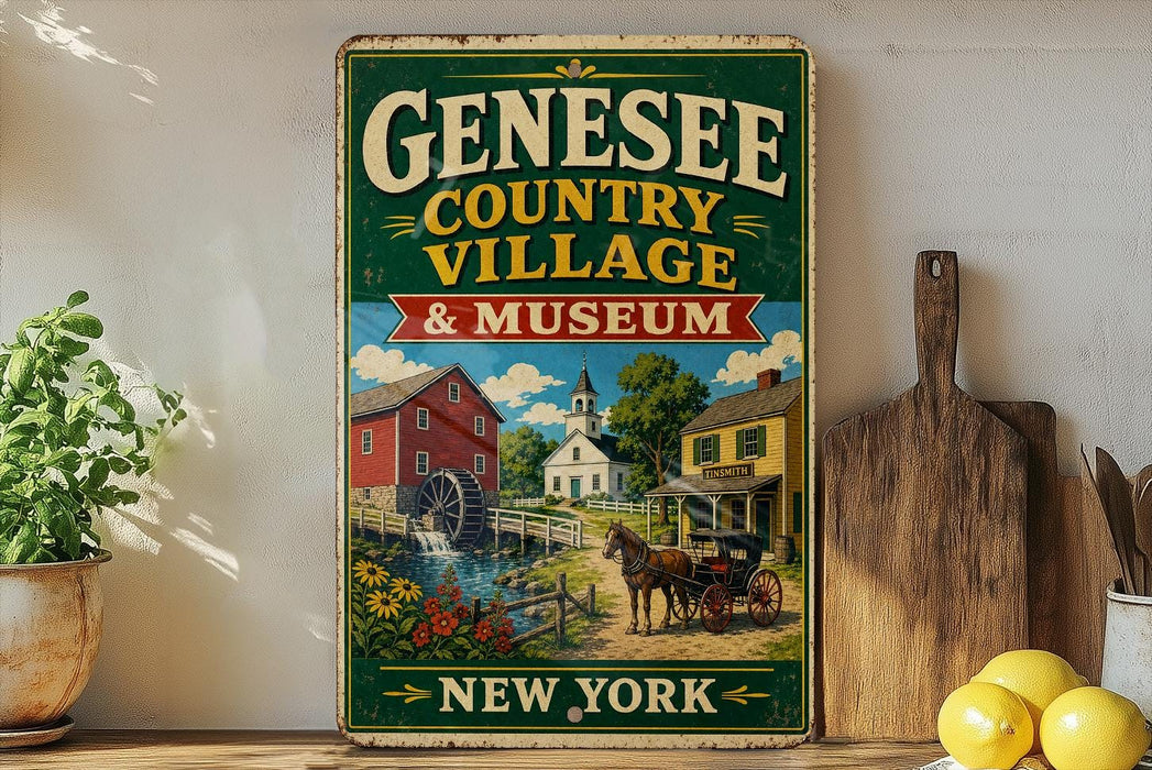 A vintage-style metal sign for the Geneseo Country Village & Museum in New York, featuring an illustration of a red brick building, a horse-drawn carriage, and a mill.