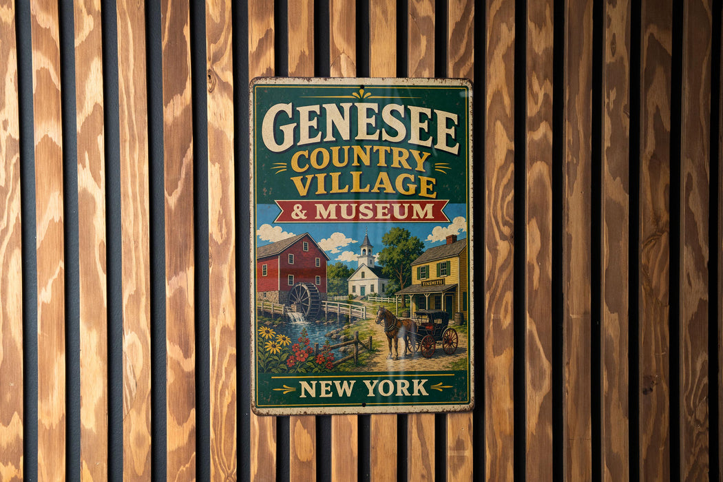 A vintage metal sign for the Geneseo Country Village & Museum, featuring an illustration of a small town with a watermill and a horse-drawn carriage.