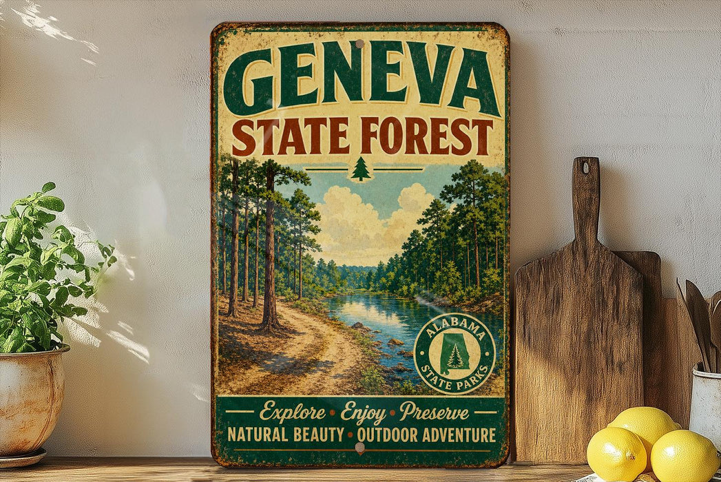 a vintage-style metal sign for the Geneva State Forest, with a scenic illustration of a forest and a river. The sign is displayed on a shelf next to a wooden cutting board and a potted plant.