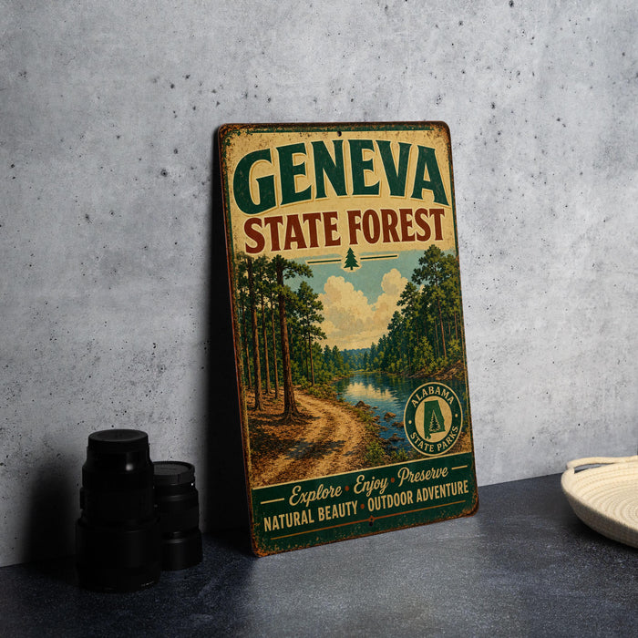 a vintage-style metal sign for the Geneva State Forest, with a scenic illustration of a forest and a river.