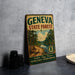 a vintage-style metal sign for the Geneva State Forest, with a scenic illustration of a forest and a river.