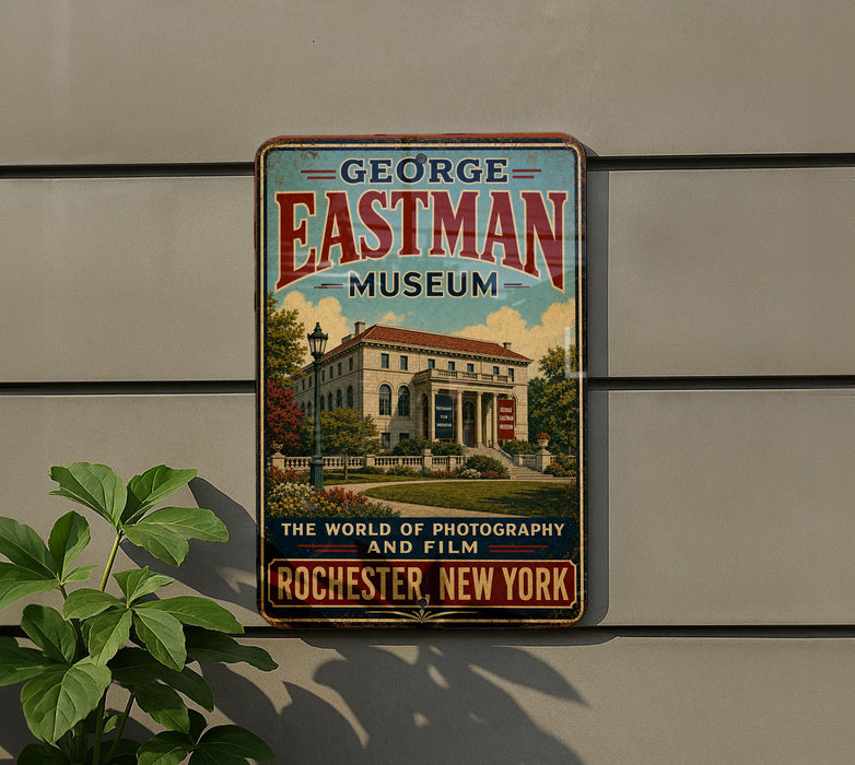 a vintage metal sign for the George Eastman Museum in Rochester, New York.