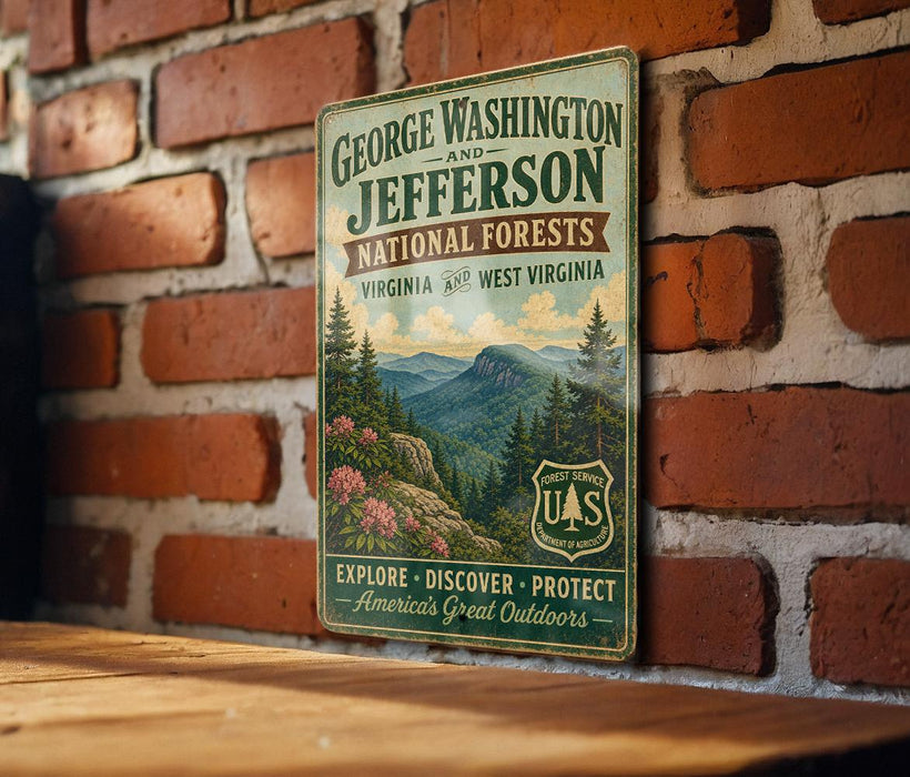 A vintage-style metal sign with text and a mountain landscape illustration is mounted on a brick wall.
