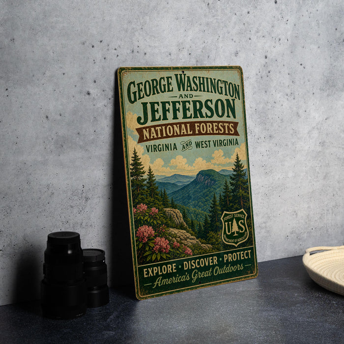 A vintage-style metal sign for the National Forests in Virginia and West Virginia, featuring a scenic mountain landscape and the text "GEORGE WASHINGTON AND JEFFERSON NATIONAL FORESTS VIRGINIA AND WEST VIRGINIA".