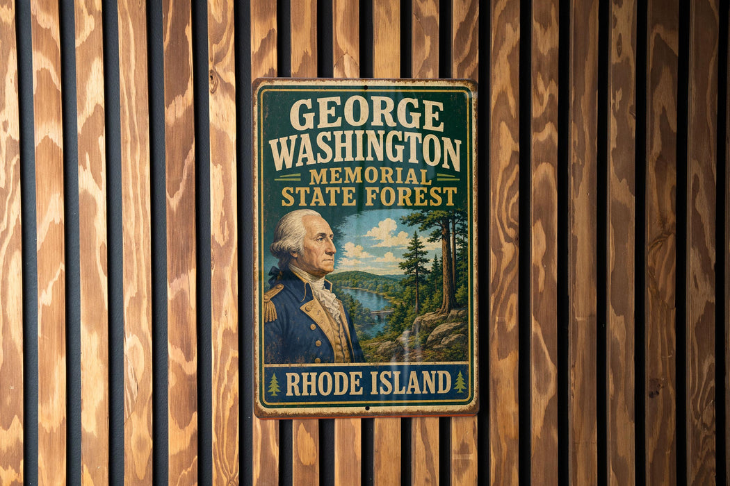 A vintage metal sign with the text "GEORGE WASHINGTON MEMORIAL STATE FOREST RHODE ISLAND" and an illustration of George Washington, the first President of the United States, is displayed on a wooden wall.