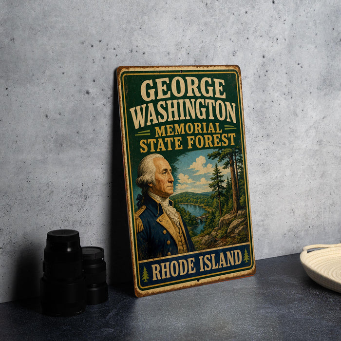 A vintage metal sign for George Washington Memorial State Forest in Rhode Island, featuring an illustration of George Washington in a military uniform.