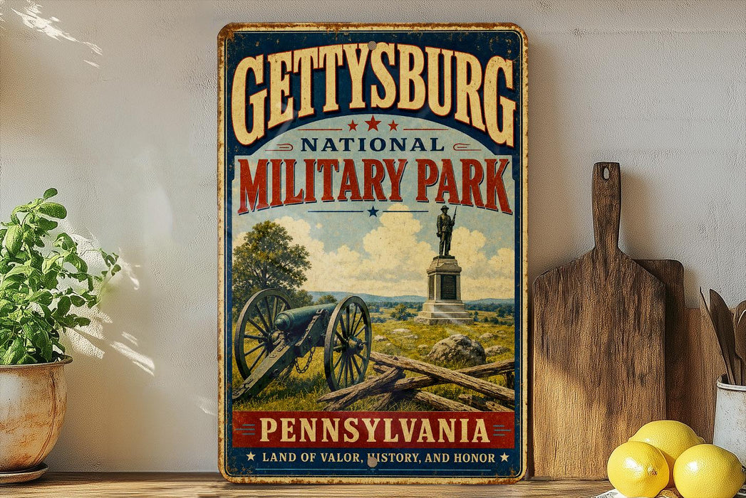 A vintage-style metal sign for Gettysburg National Military Park in Pennsylvania, featuring a cannon and a statue, is displayed on a shelf next to a wooden cutting board and some lemons.
