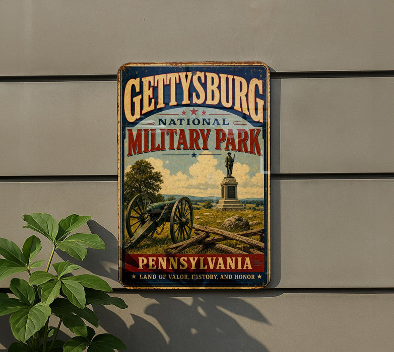 A vintage metal sign for Gettysburg National Military Park in Pennsylvania, featuring a cannon and a statue, mounted on a wall.