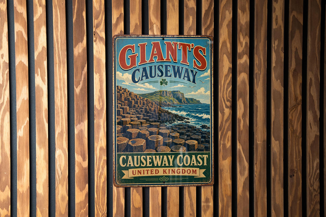 A vintage-style metal sign for Giant's Causeway, a famous tourist attraction in Northern Ireland.