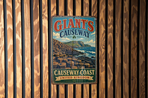 A vintage-style metal sign for Giant's Causeway, a famous tourist attraction in Northern Ireland.