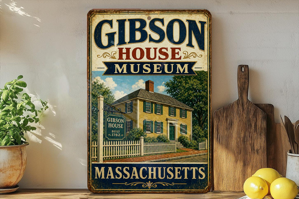 A vintage-style metal sign for the Gibson House Museum in Massachusetts, featuring an illustration of a yellow house with a white picket fence.
