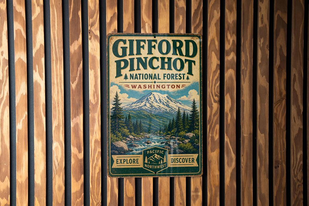 A vintage-style metal sign for Gifford Pinchot National Forest in Washington, featuring a mountain landscape and the words "Explore, Discover" in the center.