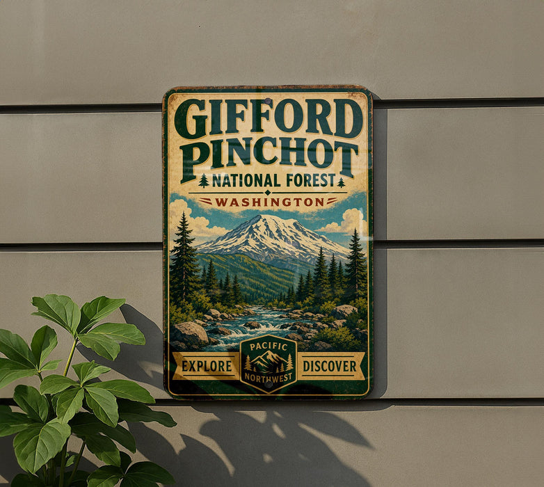a vintage-style sign for Gifford Pinchot National Forest in Washington, with a mountain landscape and pine trees.