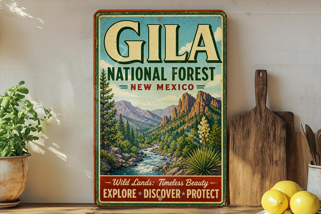 A vintage-style metal sign advertising Gila National Forest in New Mexico, featuring a scenic mountain landscape with a river and desert vegetation.
