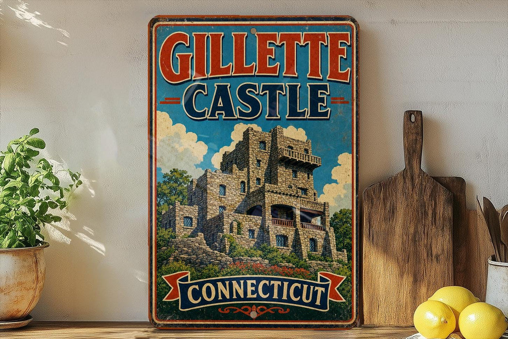 A vintage-style sign for Gillette Castle in Connecticut, featuring an illustration of the castle and the text "GILLETTE CASTLE CONNECTICUT".
