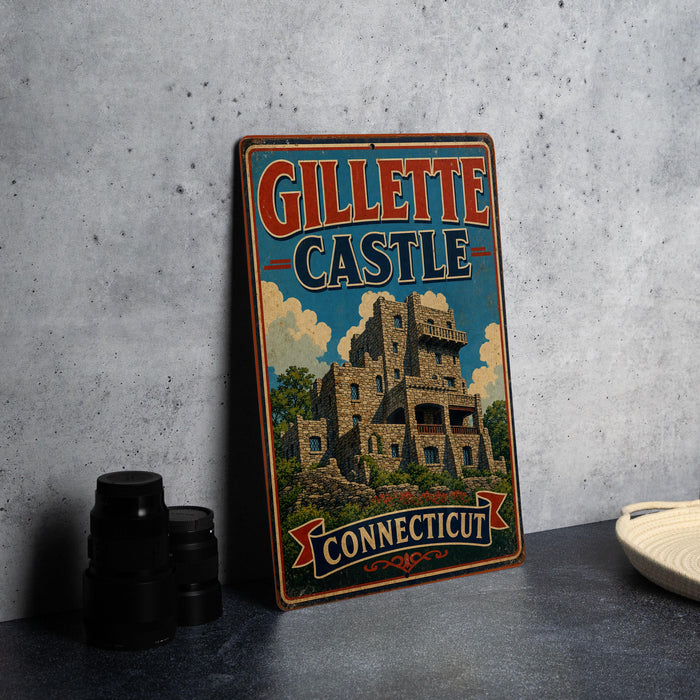 A vintage metal sign advertising Gillette Castle in Connecticut, featuring an illustration of the castle and the text "GILLETTE CASTLE CONNECTICUT".