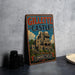 A vintage metal sign advertising Gillette Castle in Connecticut, featuring an illustration of the castle and the text "GILLETTE CASTLE CONNECTICUT".