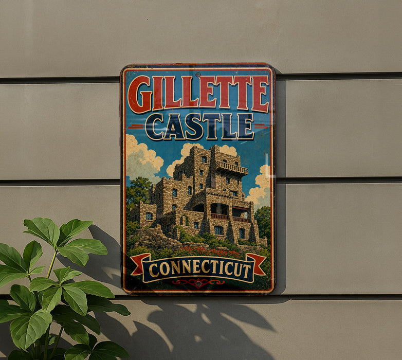 A vintage-style sign for Gillette Castle in Connecticut, featuring an illustration of the castle and the words "Gillette Castle Connecticut" prominently displayed.