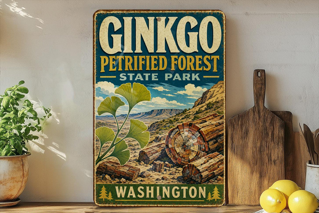 A vintage-style metal sign for Ginkgo Petrified Forest State Park in Washington, featuring an illustration of ginkgo leaves and logs against a mountainous landscape.