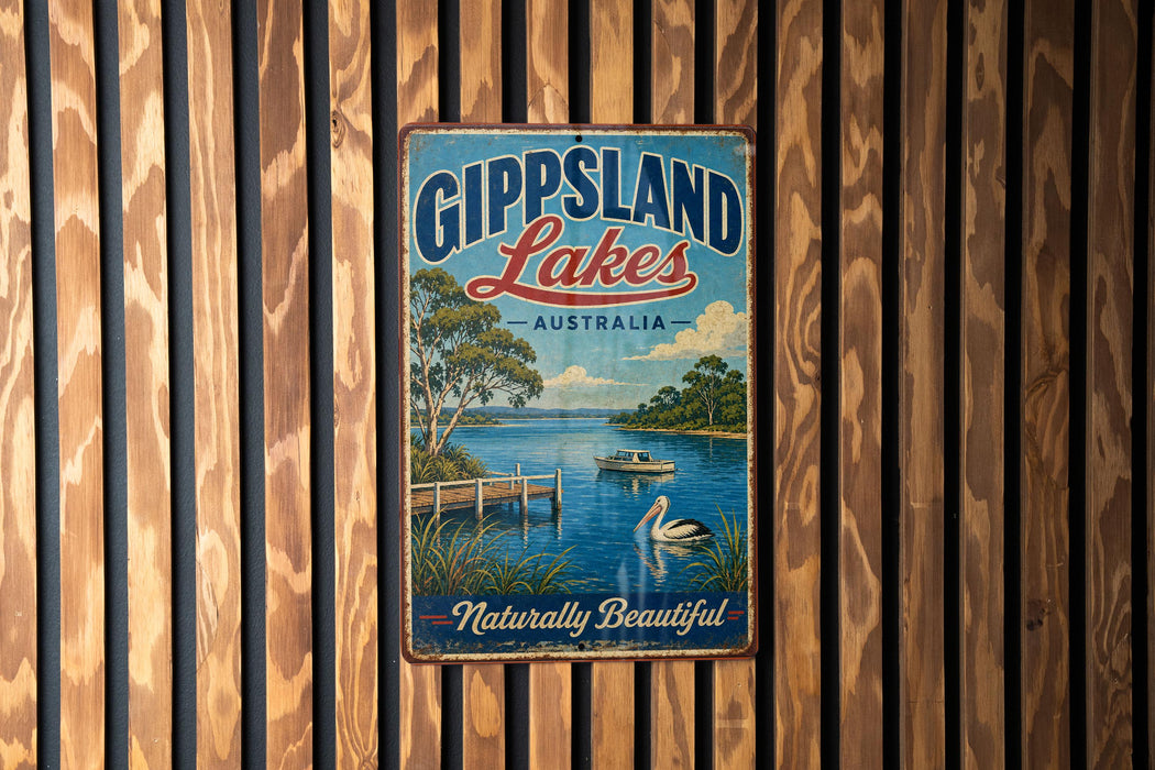 A vintage-style metal sign with the text "Gippsland Lakes" and "Australia" is displayed on a wooden wall.