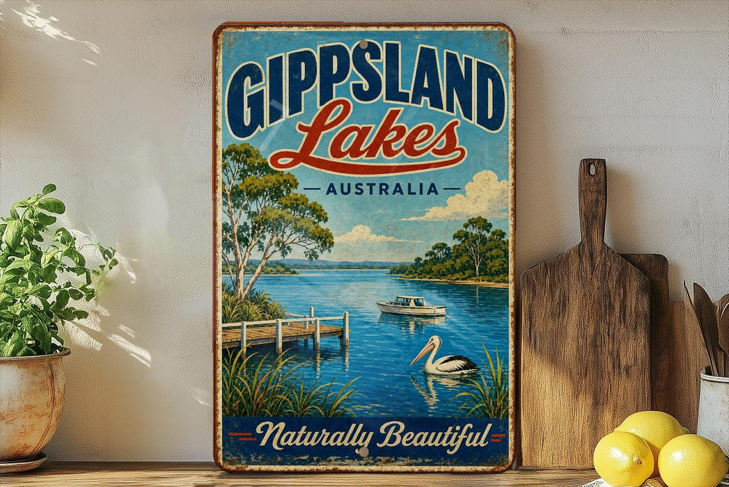 A vintage-style sign for Gippsland Lakes, Australia, featuring a scenic image of a lake with a boat and a bird, surrounded by lush greenery and a dock.