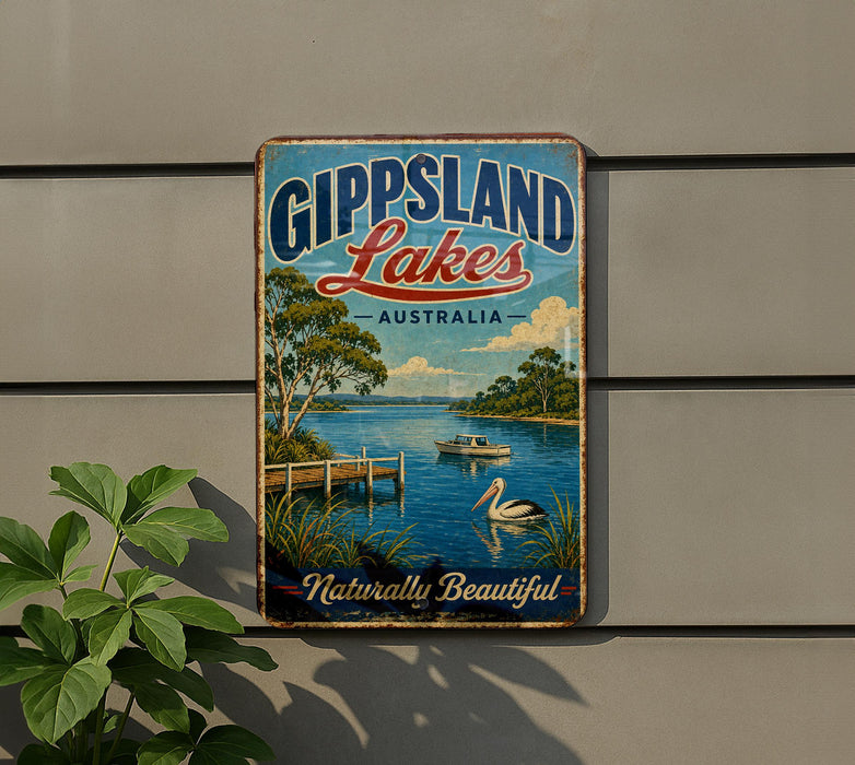 A vintage-style metal sign for Gippsland Lakes, Australia, featuring a scenic image of a lake, a boat, and a swan.