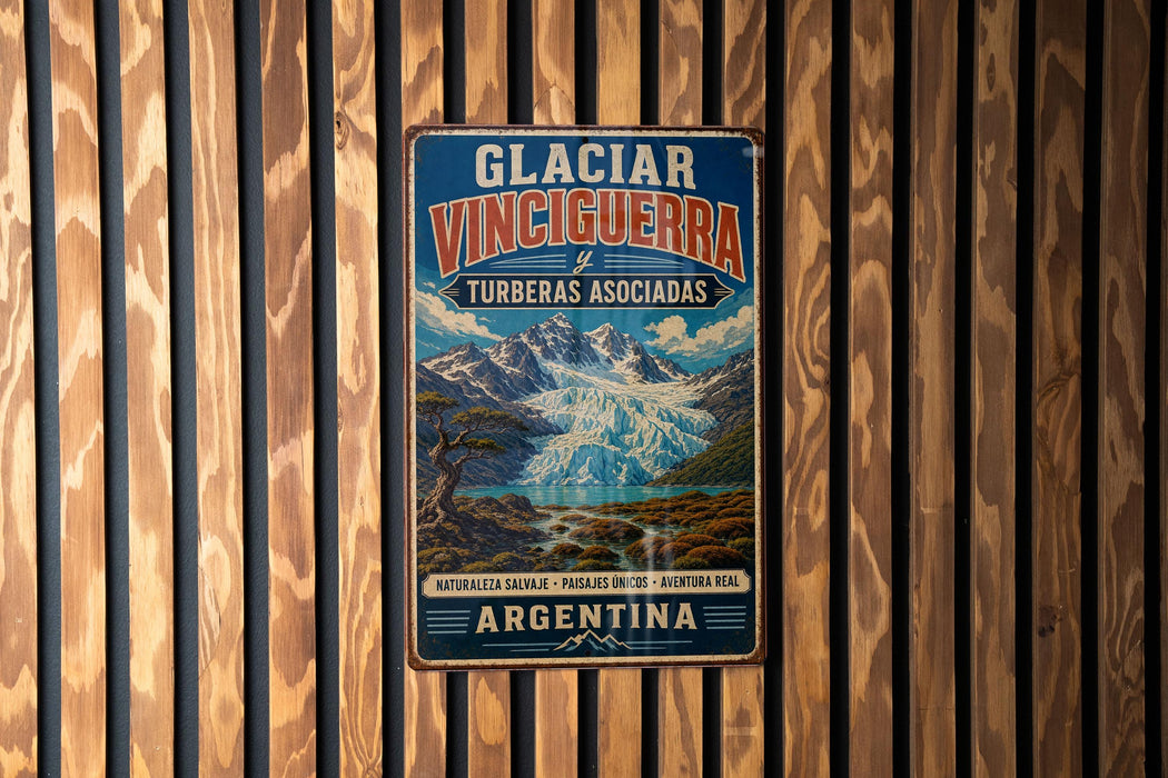 A vintage metal sign with a mountain landscape and text, hanging on a wooden wall.