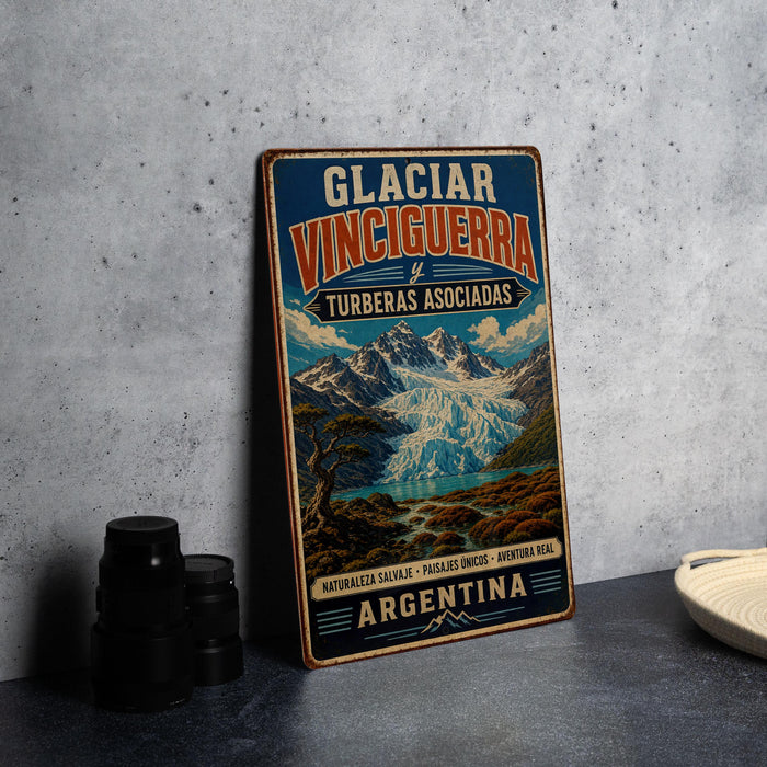 A vintage metal sign advertising the Glacier vineyard in Argentina, featuring a mountainous landscape with a waterfall.