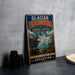 A vintage metal sign advertising the Glacier vineyard in Argentina, featuring a mountainous landscape with a waterfall.